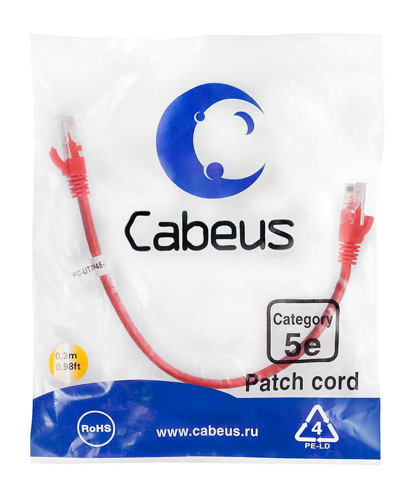 Патч-корд Cabeus PC-UTP-RJ45-Cat.5e-0.3m-RD-LSZH Патч-корд U/UTP, категория 5е, 2xRJ45/8p8c, неэкранированный, красный, LSZH, 0.3м