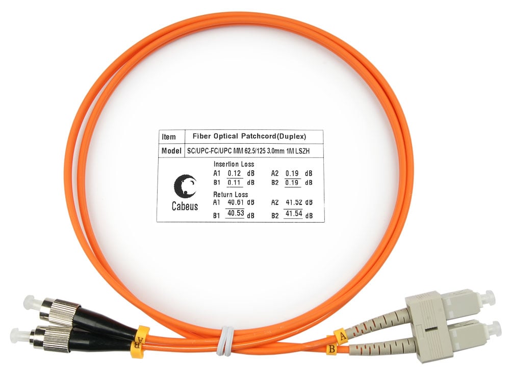 Оптический патч-корд duplex FC-SC 62,5/125 MM Cabeus FOP-62-SC-FC-1m 1 метр оранжевый LSZH