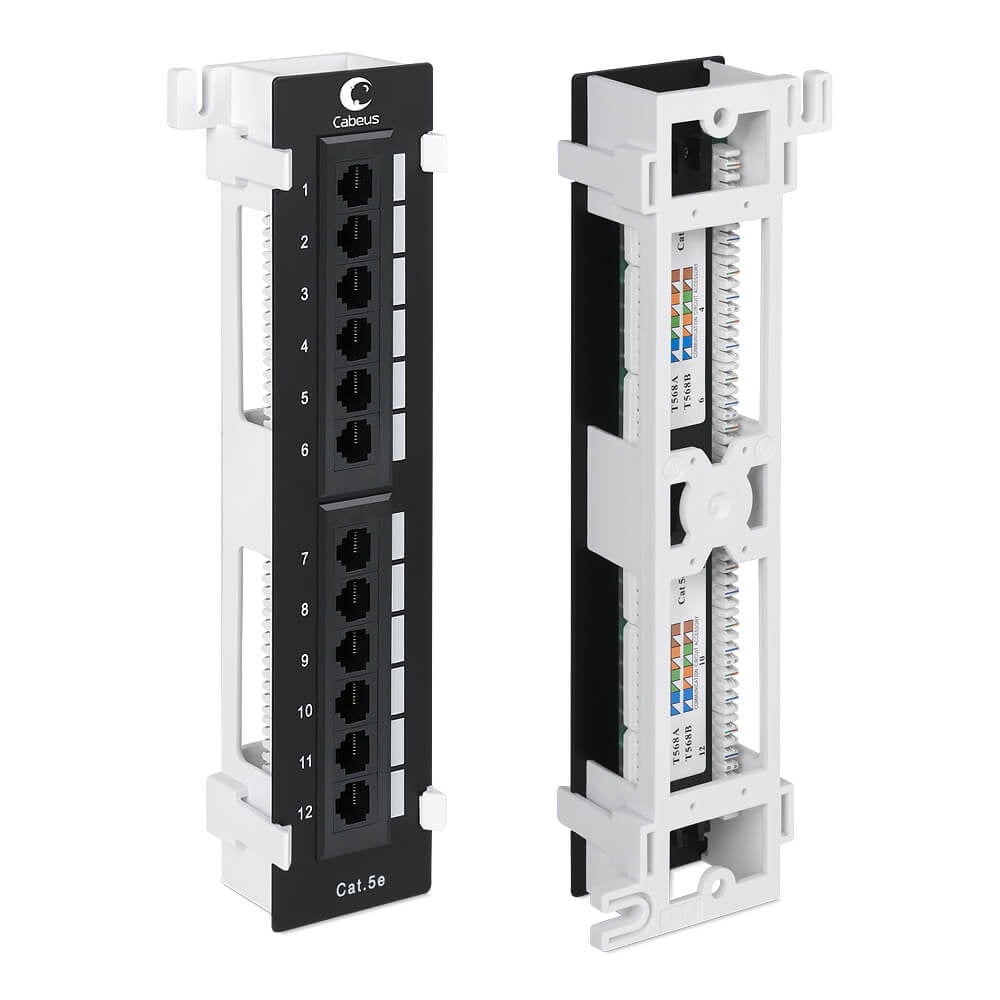 PL-12-Cat.5e-WL-Dual IDC Коммутационная патч-панель Cabeus настенная 1HU портов: 12 х RJ45 кат. 5е неэкр. порты в 1 ряд цвет: чёрный с подставкой