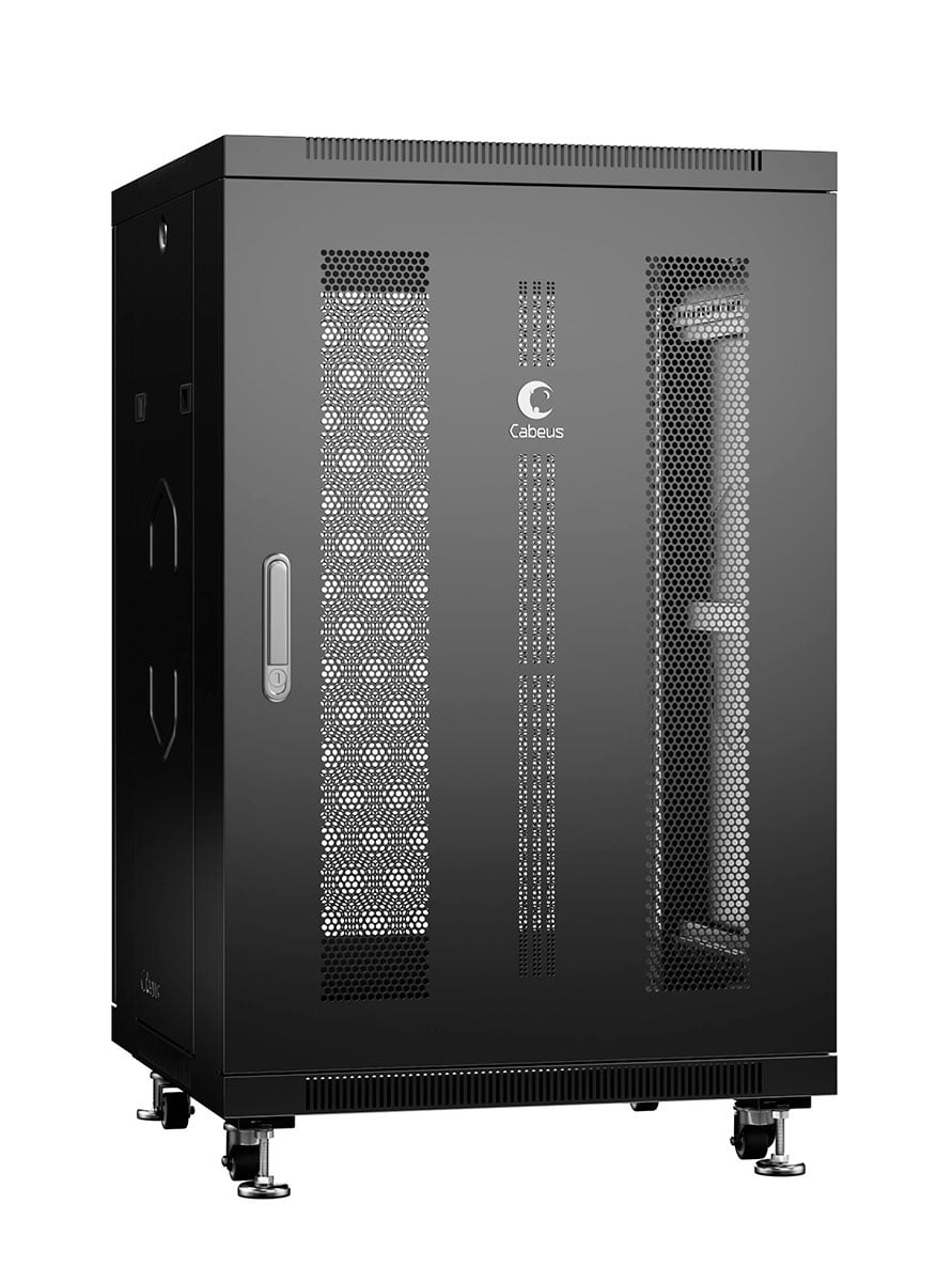 Cabeus ND-05C-18U60/80-BK Шкаф монтажный телекоммуникационный 19" напольный для распределительного и серверного оборудования 18U 600x800x988mm (ШхГхВ) передняя и задняя перфорированные двери, ручка с замком, цвет черный (RAL 9004)