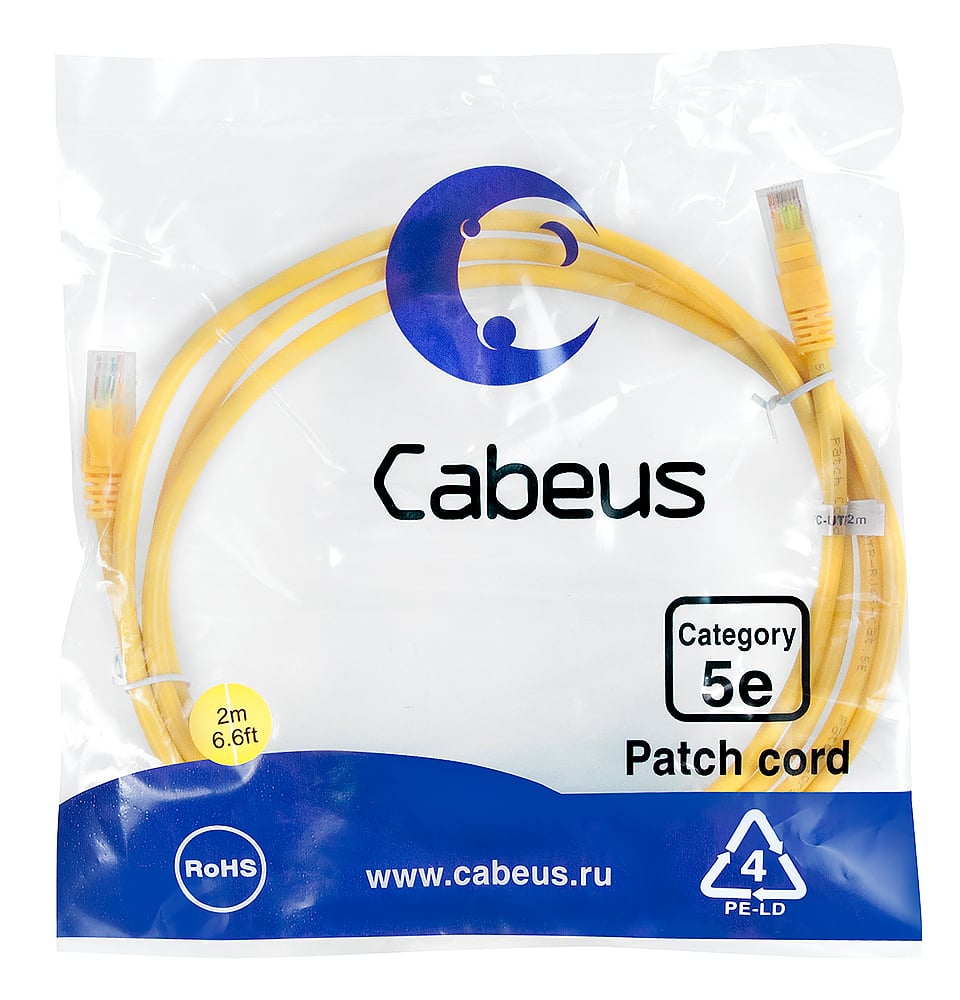 Патч-корд Cabeus PC-UTP-RJ45-Cat.5e-2m-YL-LSZH Патч-корд U/UTP, категория 5е, 2xRJ45/8p8c, неэкранированный, желтый, LSZH, 2м
