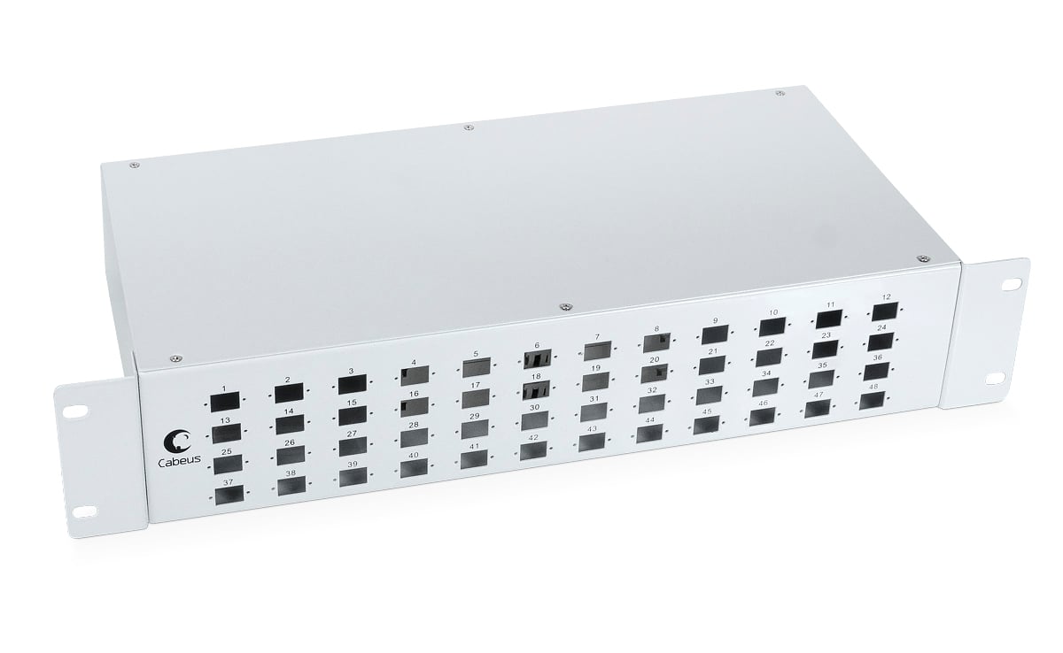 ВО кросс Cabeus FO-19-48SC Кросс бокс оптический 19" на 48 SC (LC duplex) со сплайс-кассетой и КДЗС (без пигтейлов и проходных адаптеров)