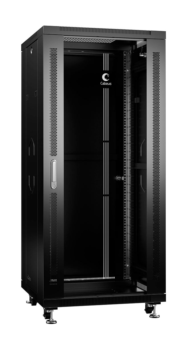 Cabeus SH-05C-27U60/80-BK Шкаф монтажный телекоммуникационный 19" напольный для распределительного и серверного оборудования 27U 600x800x1388mm (ШхГхВ) передняя стеклянная и задняя сплошная металлическая двери, ручка с замком, цвет черный (RAL 9004)