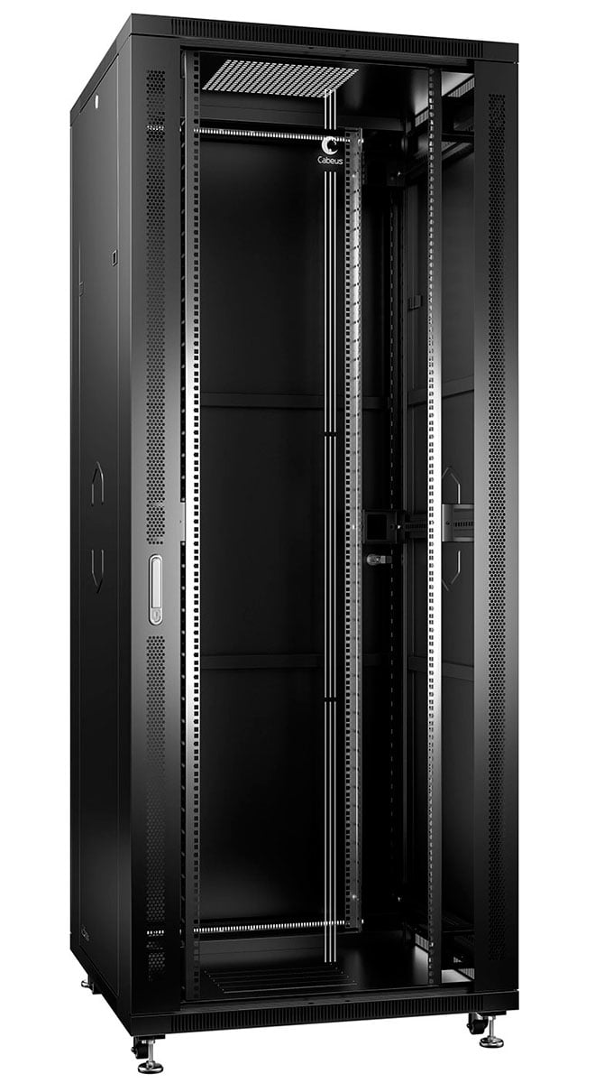 Cabeus SH-05C-42U80/100-BK Шкаф монтажный телекоммуникационный 19" напольный для распределительного и серверного оборудования 42U 800x1000x2055mm (ШхГхВ) передняя стеклянная и задняя сплошная металлическая двери, ручка с замком, цвет черный (RAL 9004)