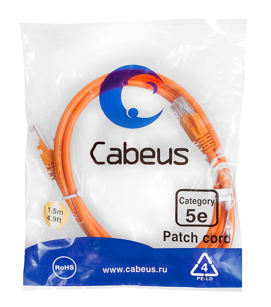 Патч-корд Cabeus PC-UTP-RJ45-Cat.5e-1.5m-OR Патч-корд U/UTP, категория 5е, 2xRJ45/8p8c, неэкранированный, оранжевый, PVC, 1.5м