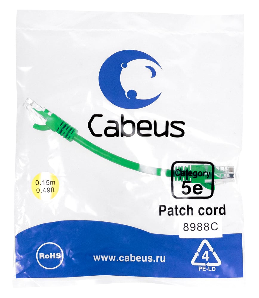 Патч-корд U/UTP, категория 5е, 2xRJ45/8p8c, неэкранированный, зеленый,0.15м Cabeus PC-UTP-RJ45-Cat.5e-0.15m-GN-LSZH Патч-корд U/UTP, категория 5е, 2xRJ45/8p8c, неэкранированный, зеленый, LSZH, 0.15м