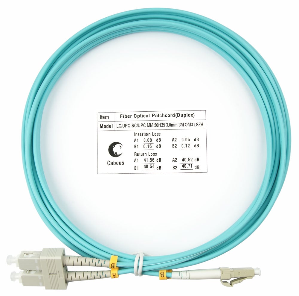 Комм. шнур оптический Cabeus Tight Buffer, Duplex LC/SC, OM3 50/125, LSZH, 3м, Ø 3мм, серый хвостовик, аква