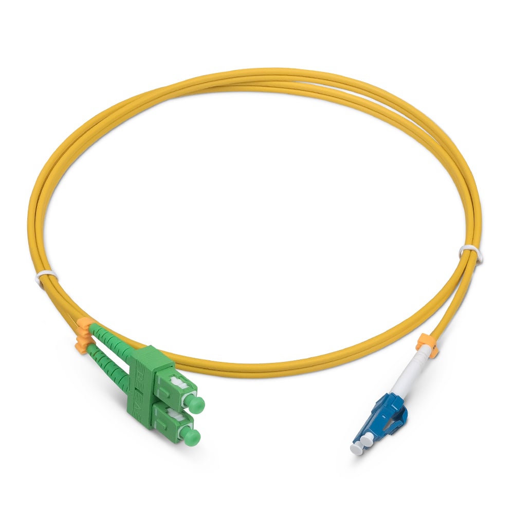 Коммутационный шнур оптический Cabeus Tight Buffer, Duplex SC/LC (APC/UPC), OS2 9/125, LSZH, 1,5м, d= 2мм, синий хвостовик, желтый