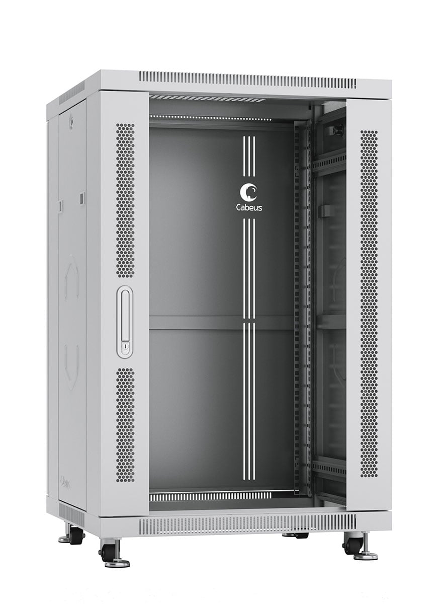 Cabeus SH-05C-18U60/60 Шкаф монтажный телекоммуникационный 19" напольный для распределительного и серверного оборудования 18U 600x600x988mm (ШхГхВ) передняя стеклянная и задняя сплошная металлическая двери, ручка с замком, цвет серый (RAL 7035)