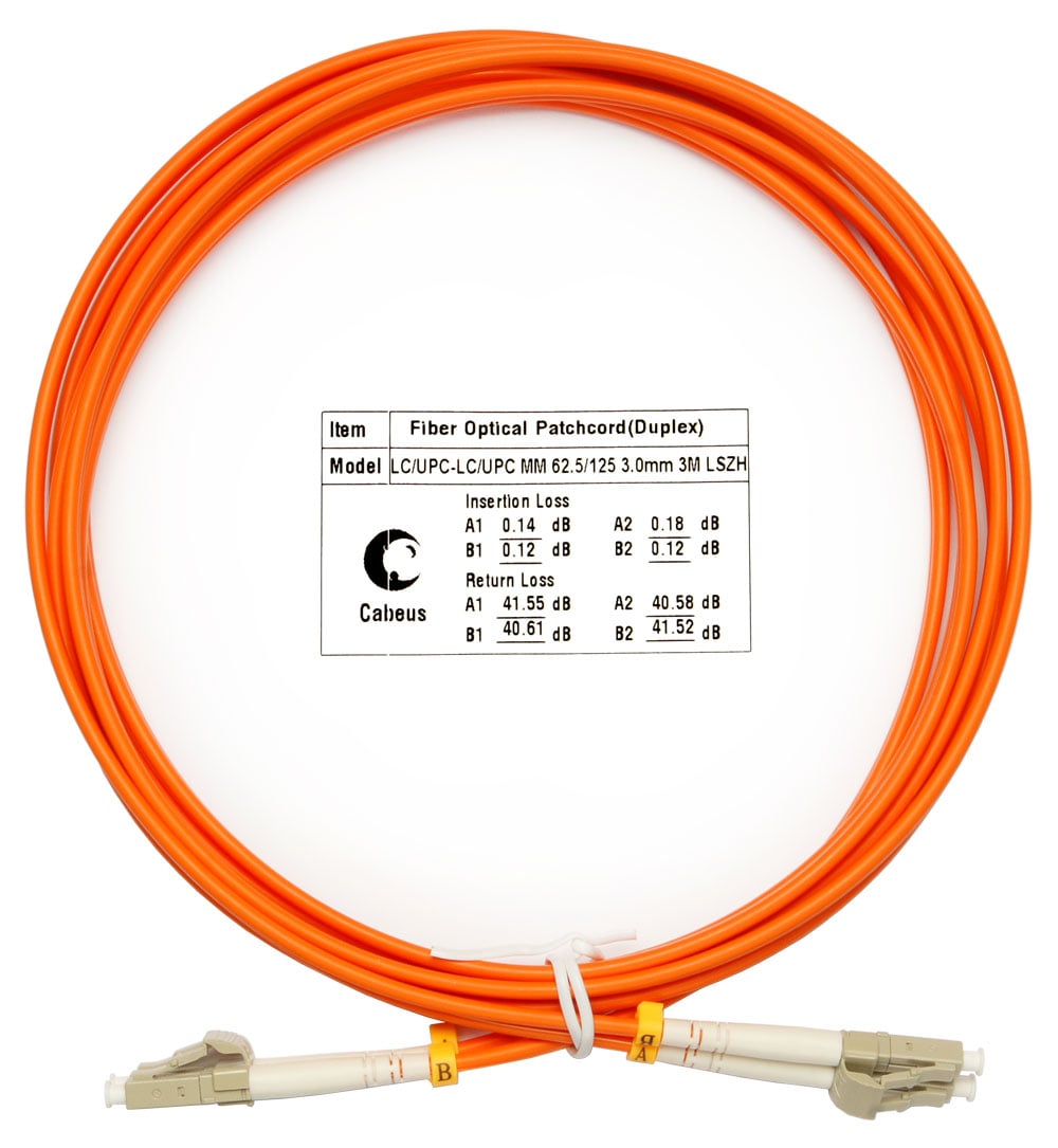 FOP-62-LC-LC-3m Коммутационный шнур оптический Cabeus tight buffer Duplex LC/LC (UPC/UPC) OM1 625/125 LSZH D 3мм 3м цвет: оранжевый