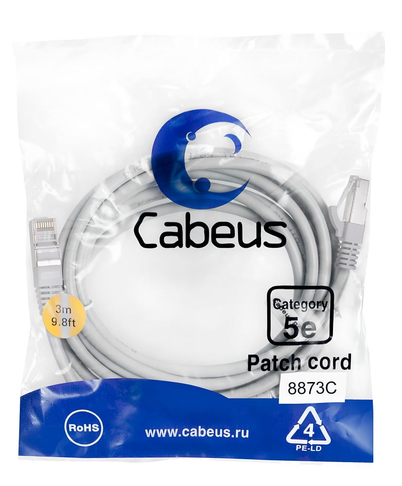 Патч-корд F/UTP,категория 5е, 2xRJ45/8p8c, экранированный, серый, LSZH, 3м Cabeus PC-FTP-RJ45-Cat.5e-3m-LSZH Патч-корд F/UTP,категория 5е, 2xRJ45/8p8c, экранированный, серый, LSZH, 3м