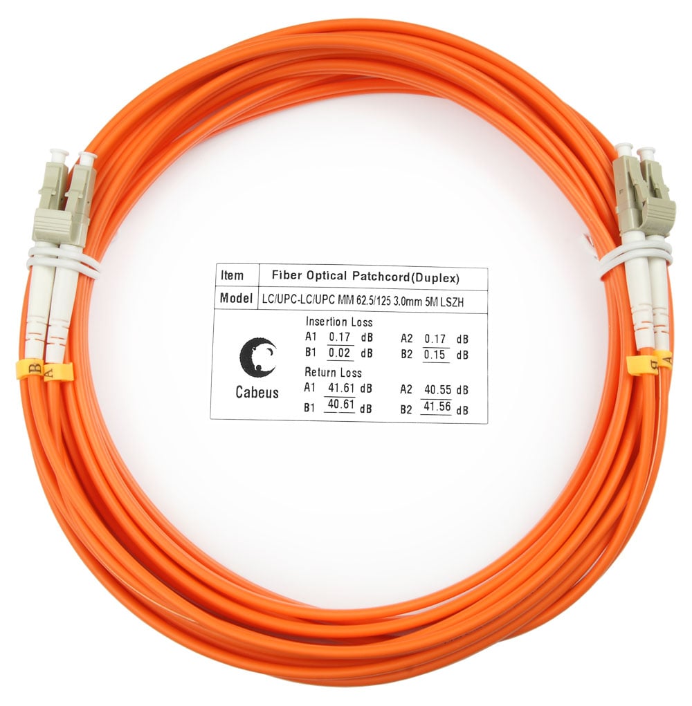FOP-62-LC-LC-5m Коммутационный шнур оптический Cabeus tight buffer Duplex LC/LC (UPC/UPC) OM1 625/125 LSZH D 3мм 5м цвет: оранжевый