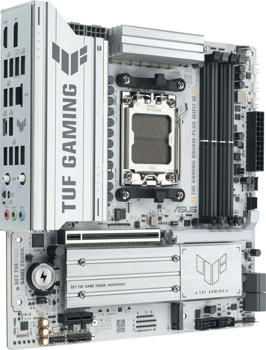 Материнская плата Asus TUF GAMING B850M-PLUS WIFI7 W, AM5, AMD B850, 4xDDR5, 4xSATA, 3xM.2, 1xPCIe 5.0 x16, 1xPCIe 3.0 x1, 1xDP, 1xHDMI, 1x2.5Gb LAN, Wi-Fi 7, Bluetooth 5.4, 1xUSB-C 20Gbps, 3xUSB-A 10Gbps, 4xUSB-A 5Gbps, 4xUSB-A 2.0, 5x3.5 мм, 7.1, mATX