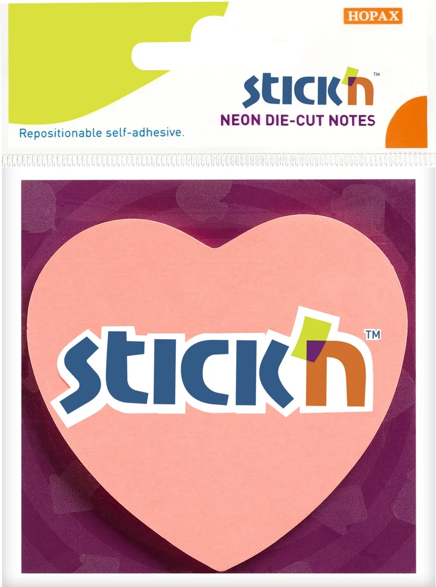 Блок самоклеящийся Stick'n 21448, 70×70мм, 50л., 70г/м², неон розовый, вырубной «сердце»