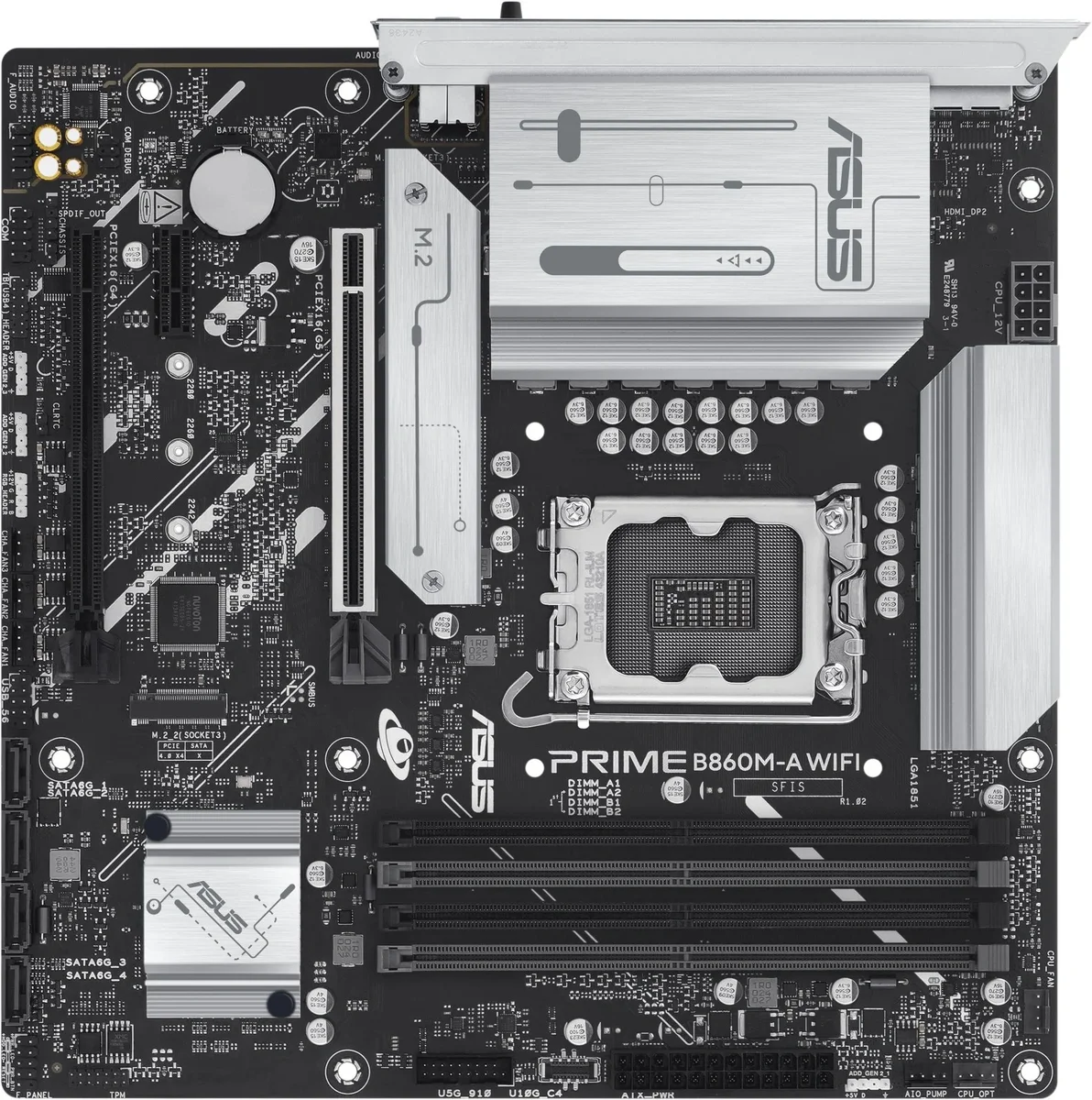 Материнская плата Asus - PRIME B860M-A WIFI, mATX, Intel B860, 1xLGA 1851, 4xDDR5 до 256ГБ, audio, M.2, Wi-Fi, Bluetooth, HDMI, DP, 4xSATA, 4xUSB2.0, 2xUSB3.0, 1xUSB3.1, 1xUSB3.2 Type C, PRIME B860M-A WIFI
