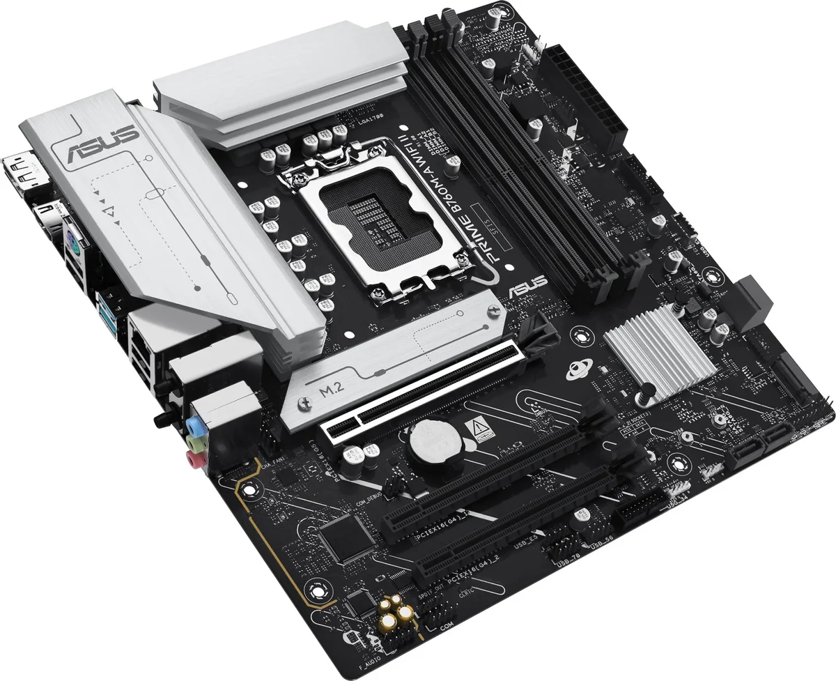 Материнская плата ASUS PRIME B760M-A WIFI II, LGA 1700, Intel B760, 4xDDR5, 4xSATA, 2xM.2, 1xPCIe 5.0 x16, 2xPCIe 4.0 x16, 1xHDMI, 1xDP, 1x2.5Gb LAN, Wi-Fi 6E, Bluetooth 5.4, 2xUSB-A 10Gbps, 4xUSB-A 2.0, 3x3.5 мм, 7.1, mATX