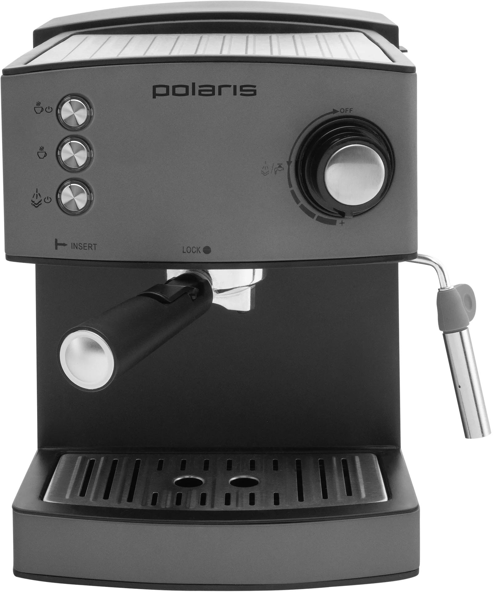 Кофеварка рожковая Polaris PCM 1527E Adore Crema серый, исп. кофе - молотый, 1.5 л, 850 Вт, 15 Бар.