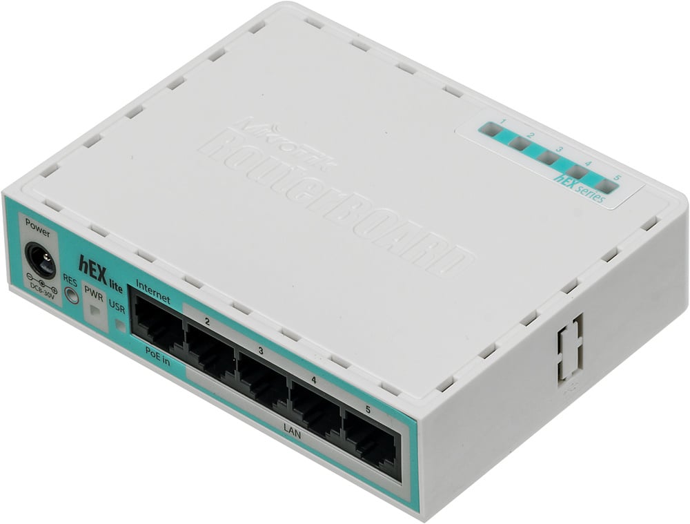 MikroTik RB750r2 Маршрутизатор hEX lite, 5 портов, LAN 4x100 Мбит/с, WAN 1x100 Мбит/с, питание Jack или PoE