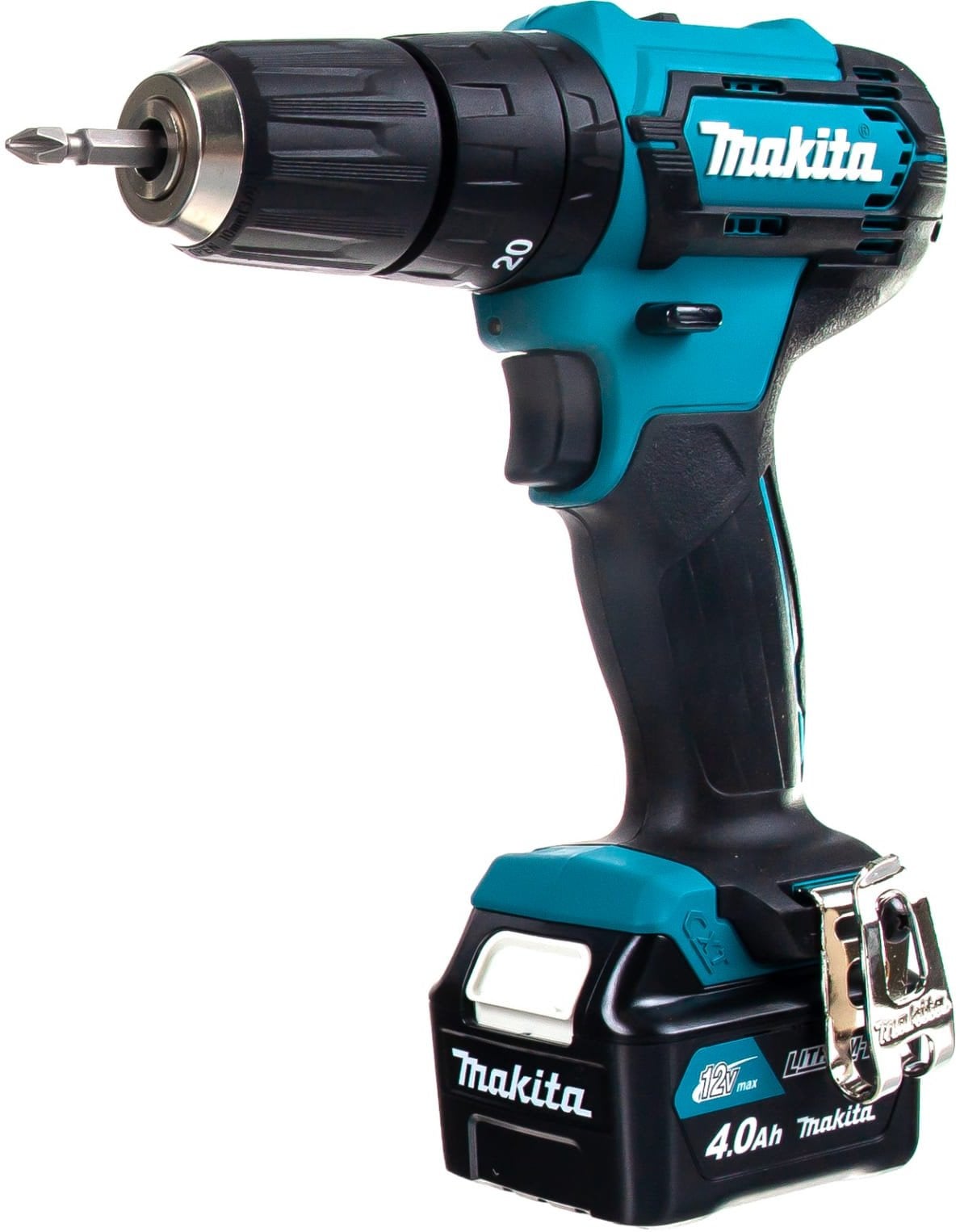 Makita HP333DWME Дрель ак(уд) { 12В,2х4 Ач Li-ion(слайдер),БЗП-10мм,0-450\1700об\м,30\14Нм,1.1кг,чем,подсв }