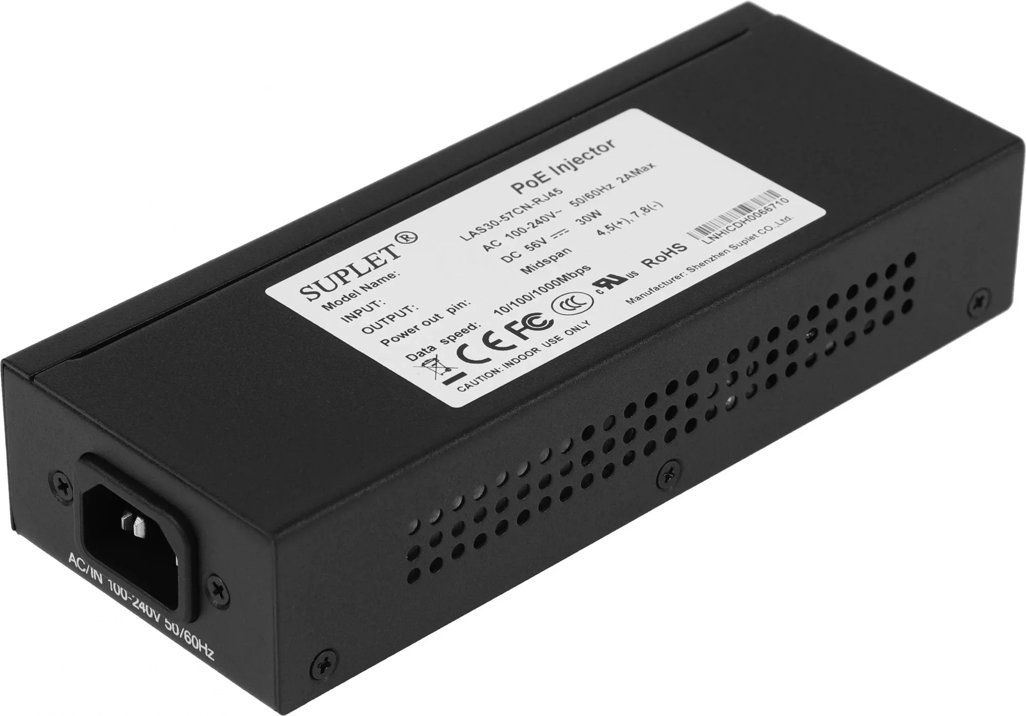 PoE инжектор 30 Вт, 1 RJ45 интерфейс 1000M. Подходит для моделей DS-2DF8/76/5xxx-AE/AE3/AELs; и DS-2DE2DE7xxx-AE