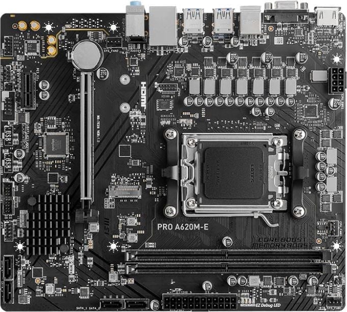Материнская плата MSI PRO A620M-E, AM5, AMD A620, 2xDDR5, 4xSATA, 1xM.2, 1xPCI-E 4.0 x16, 1xPCI-E 4.0 x1, 1xHDMI, 1xVGA, 1x1Gb LAN, 2xUSB 2.0, 4xUSB 3.2 Gen 1, 3x3.5 мм, 7.1, Micro-ATX