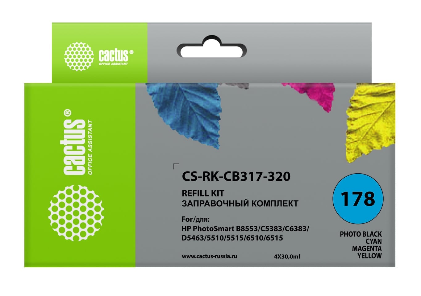 Заправочный комплект Cactus CS-RK-CB317-320 C/Y/M/PB (4x30мл) для  HP  C5383/6383/B8553/D5463/5510/5515/6510/6515