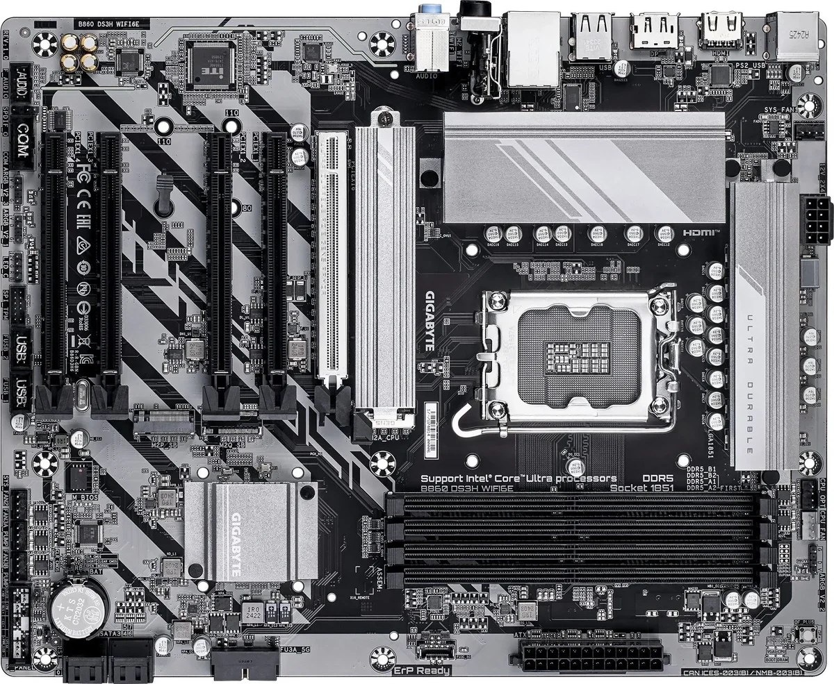 Материнская плата GIGABYTE B860 DS3H WIFI6E, LGA1851, B860, 4*DDR5, 4*SATA, 2*M.2,USB 3.2, 4*USB 2.0, Type-C, 5*PCIx16, HDMI+DP, ATX