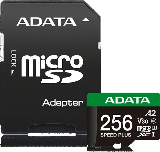 Карта памяти ADATA - UI3V30A2SP, microSDXC, write speed 160Mb/s, read speed 180Mb/s, UHS-I Class 3, V30, A2, Class 10, 256GB, microSD -> SD адаптер, UD256GUI3V30A2SP-RA1