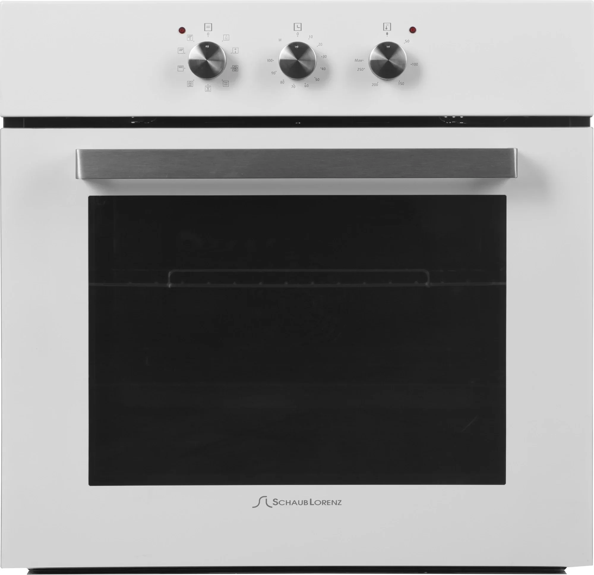 Встраиваемая электрическая духовка Schaub Lorenz 59.5х59.5x61 см, 58л, 9 режимов работы, механические переключатели, механический таймер, белая эмаль/ручки цвета нержавеющая сталь