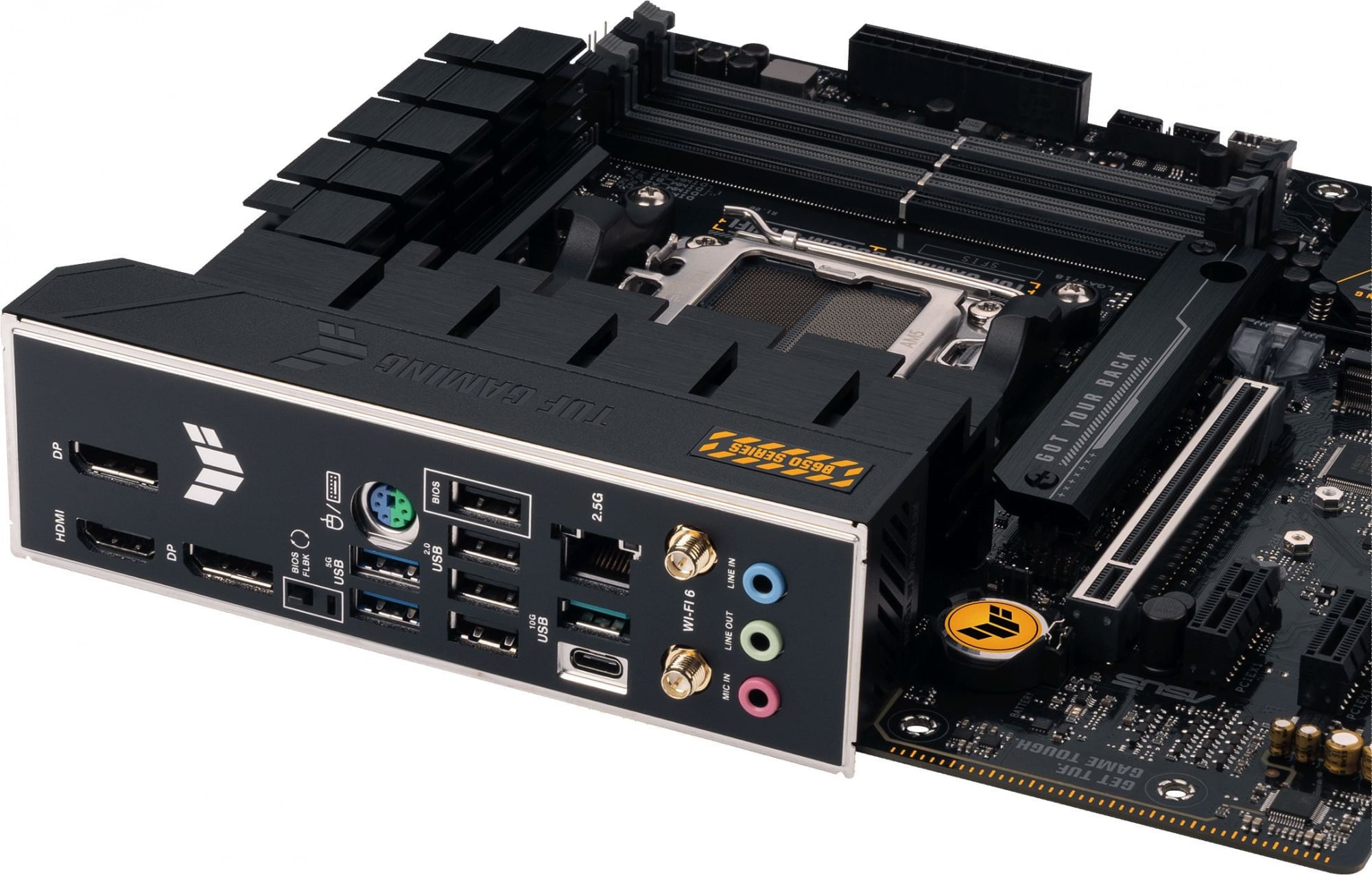 Материнская плата Asus - TUF GAMING B650M-E WIFI, mATX, AMD B650, 1xAM5, 4xDDR5 до 128ГБ, 1x2.5GbE, audio, M.2, HDMI, DP, 1xPS/2, 4xSATA, 4xUSB2.0, 3xUSB3.2, 1xUSB3.2 Type C, TUF GAMING B650M-E WIFI