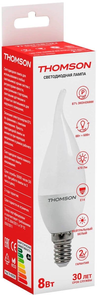 Лампа светодиодная Thomson TH-B2028 8Вт цок.:E14 свеча 220B св.свеч.бел.нейт. Tail Candle