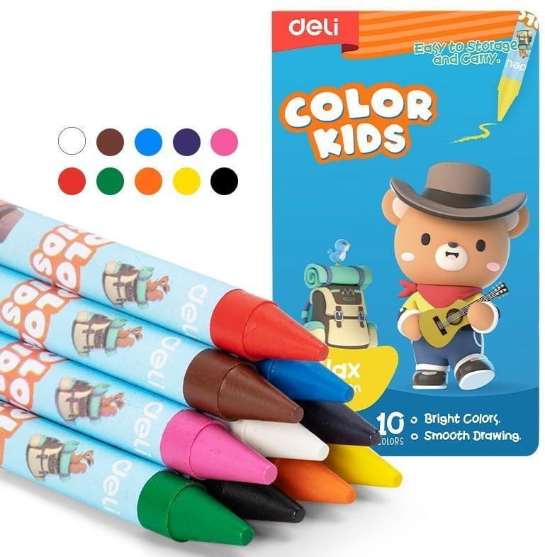 Восковые мелки Deli EC225-10 Color Kids, круглые, 10 цветов, длина 90мм, диаметр 8мм