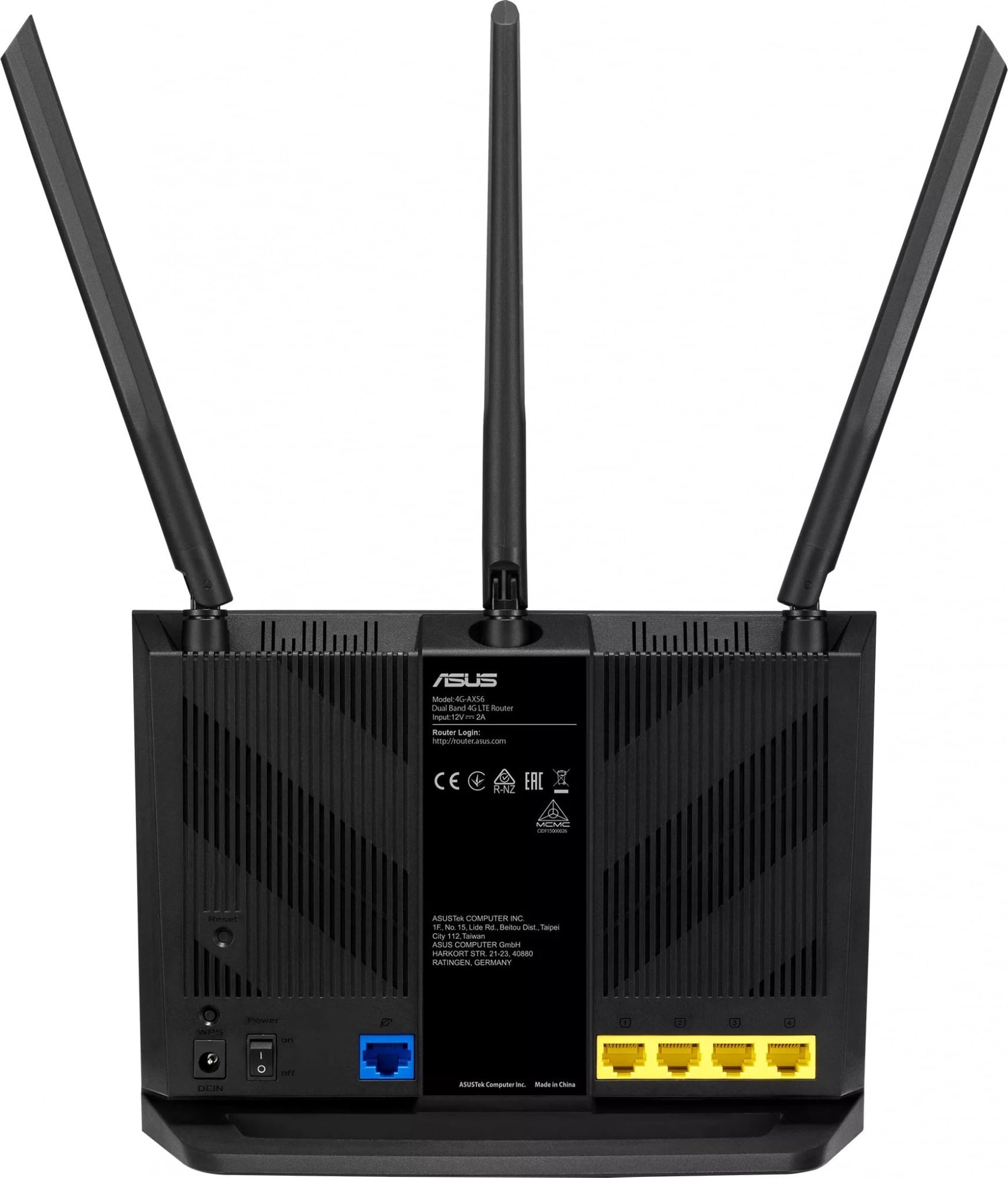 ASUS 4G-AX56 Роутер беспроводной  2G, 3G, 4G, 300 Мбит/с, Wi-Fi 802.11, n, ac, ax, 5 ГГц, 2.4 ГГц, 4 LAN, SIM-слот, 3 внешние антенны, черный