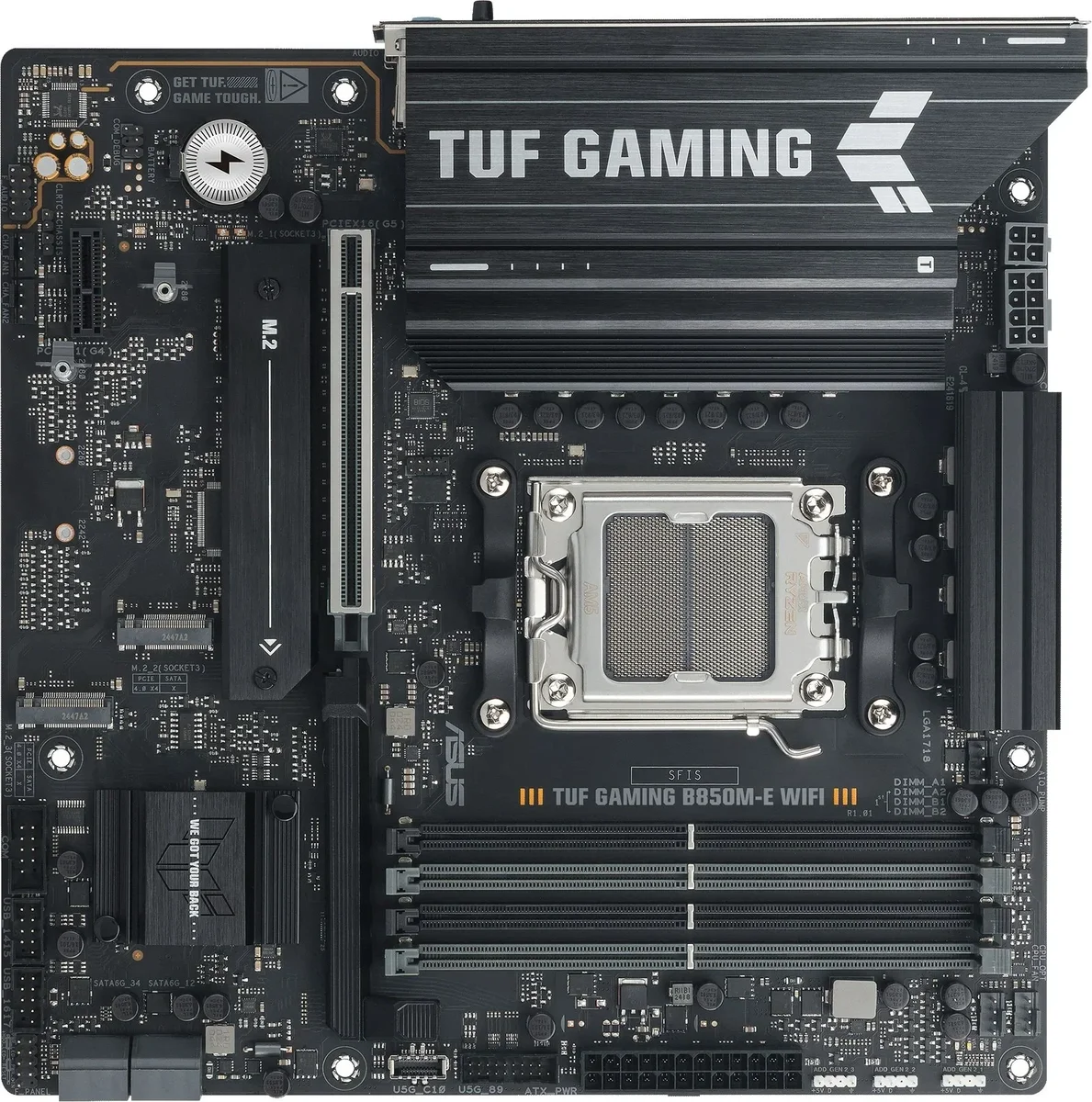 Материнская плата ASUS TUF GAMING B850M-E WIFI, AM5, AMD B850, 4xDDR5, 4xSATA, 3xM.2, 1xPCIe 5.0 x16, 1xPCIe 3.0 x1, 1xHDMI, 2xDP, 1x2.5Gb LAN, Wi-Fi 6E, Bluetooth 5.3, 1xUSB-C 10Gbps, 1xUSB-A 10Gbps, 2xUSB-A 5Gbps, 4xUSB-A 2.0, 3x3.5 мм, 7.1, mATX