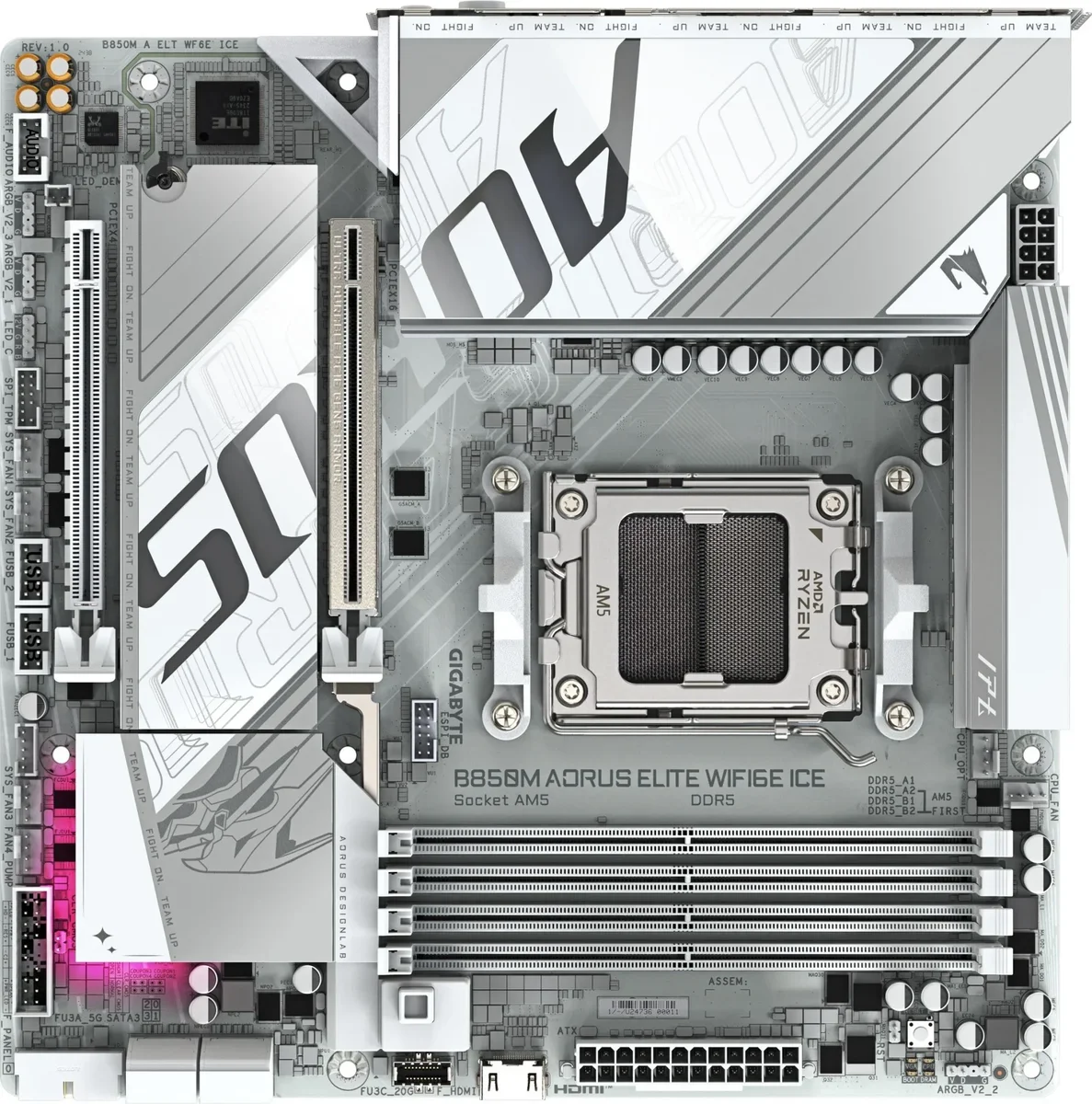 Материнская плата Gigabyte B850M AORUS ELITE WIFI6E ICE, AM5, AMD B850, 4xDDR5, 4xSATA, 2xM.2, 1xPCIe 5.0 x16, 1xPCIe 3.0 x4, 1xDP, 1xHDMI, 1x2.5Gb LAN, Wi-Fi 6E, Bluetooth 5.3, 2xUSB-A 10Gbps (Gen2), 5xUSB-A 5Gbps, 4xUSB-A 2.0, 1xUSB-C 10Gbps (Gen2), 2x3.5 мм, 7.1, mATX
