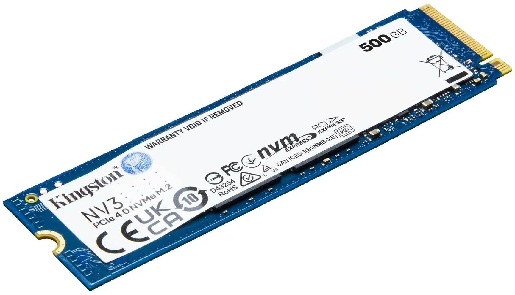 Твердотельный накопитель/ Kingston SSD NV3, 500GB, M.2(22x80mm), NVMe, PCIe 4.0 x4, 3D TLC, R/W 5000/3000MB/s, TBW 160, DWPD 0.2 (60 мес)