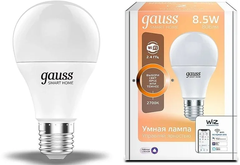 GAUSS 1050112 Лампа светодиодная умная LED 8.5 Вт 806 Лм 2700К E27 A60 диммируемая управление  по  Wi-Fi