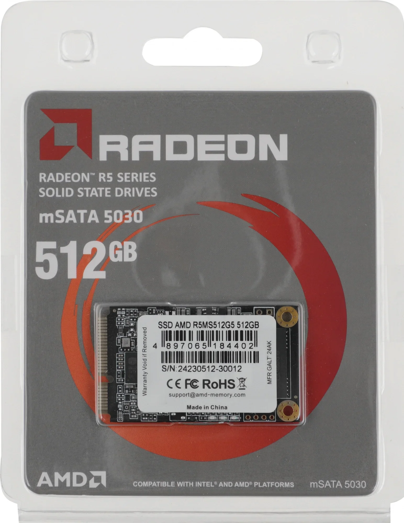 Накопитель SSD AMD Radeon R5 R5MS512G5, 512Gb, mSATA, SATA, R/W 553/480