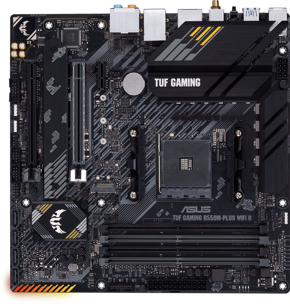 Материнская плата Asus - TUF GAMING B550M-PLUS WIFI II, mATX, AMD B550, 1xAM4, 4xDDR4 до 128ГБ, 1x2.5GbE, audio, M.2, Wi-Fi, Bluetooth, HDMI, DP, 1xPS/2, 4xSATA, 2xUSB2.0, 5xUSB3.2, 1xUSB3.2 Type C, TUF GAMING B550M-PLUS WIFI II