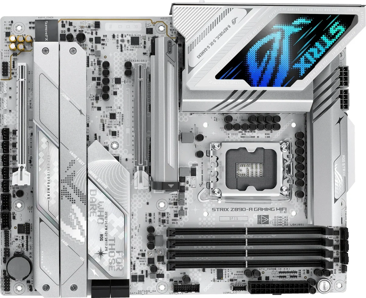 ASUS ROG STRIX Z890-A GAMING WIFI (Socket 1851, ATX, 4xDDR5(192GB), 1xPCIe 5.0x16/1xPCIe 4.0x16, 1xLAN (2.5GbE), Wi-Fi, BT, 4xSATA 6Gb/s, 5xM.2, 2xThunderbolt 4 (USB-C), 1xType-C, 7xUSB 3.2)