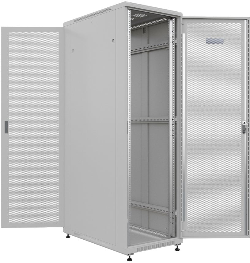 NTSS Шкаф напольный универсальный серверный NTSS R 22U 600х1000мм, 4 профиля 19, двери перфорированная и перфорированная, боковые стенки съемные, регулируемые опоры, разобранный, серый RAL 7035 NTSS-R
