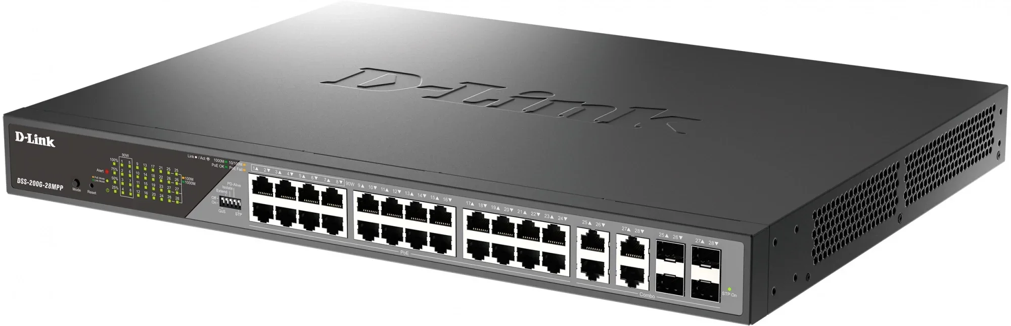 D-Link Настраиваемый L2 коммутатор DSS-200G-28MPP, оснащенный 24 портами 10/100/1000Base-T с поддержкой PoE и 4 комбо-портами 100/1000Base-T/SFP, позволяет пользователям легко подключать и подавать питание по Ethernet-кабелям на PoE-совместимые устройства, например на сетевые камеры, и является оптимальным решением для развертывания систем видеонаблюдения