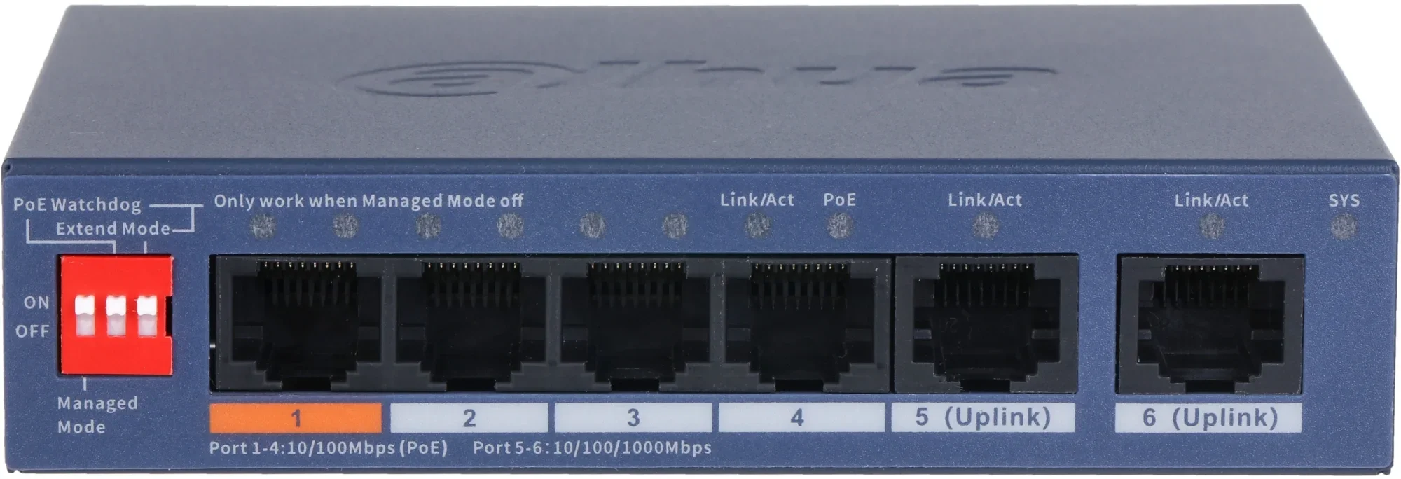 DH-CS4006-4ET2GT-60 4-портовый PoE коммутатор с функцией облачного управления. Порты: 4 RJ45 10/100Мбит/с (PoE/PoE+/Hi-PoE), 2 RJ45 10/100/1000Мбит/с (uplink); мощность PoE: порт 1 до 60Вт, порты 2~4 до 30Вт, суммарно до 60Вт; PoE watchdog, передача до 250м; питание: 53В(DC).