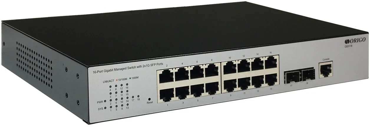 Коммутатор ORIGO Управляемый L2 коммутатор, 16x1000Base-T, 2x1000Base-X SFP, консольный порт RJ-45, комплект для установки в 19" стойку
