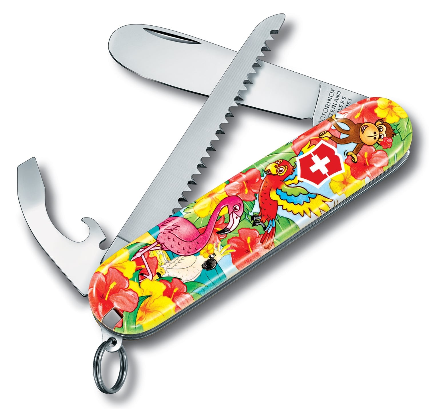 Нож перочинный Victorinox My First Victorinox Parrot Edition (0.2373.E3) 84мм 9функц. красный/рисунок карт.коробка в комплекте: шнурок на шею