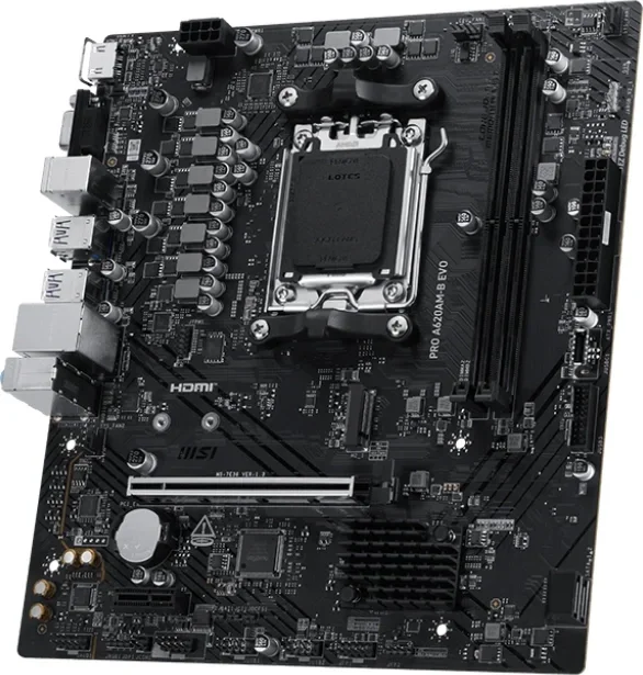 Материнская плата MSI PRO A620M-B EVO, AM5, AMD A620A, 2xDDR5, 2xSATA, 1xM.2, 1xPCIe 4.0 x16, 1xPCIe x1, 1xVGA, 1xHDMI, 1x2.5Gb LAN, 4xUSB-A 5Gbps, 2xUSB-A 2.0, 2xPS/2, 3x3.5 мм, 7.1, чёрный, mATX