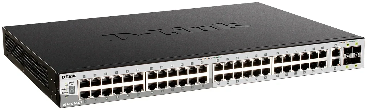 Коммутатор D-Link DGS-3130-54PS/B2A Управляемый L3 стекируемый коммутатор с 48 портами 10/100/1000Base-T, 2 портами 10GBase-T и 4 портами 10GBase-X SFP+ (48 портов PoE 802.3af/at, PoE-бюджет 370 Вт; 740 Вт с DPS-700)