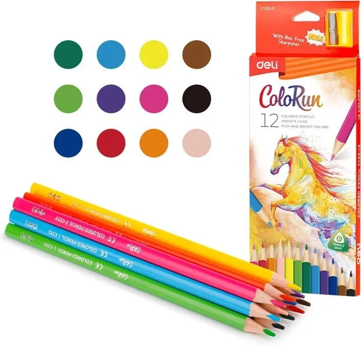 Карандаши цветные Deli EC132-12 ColoRun, трехгранный профиль, дерево 12 цветов, коробка с европодвесом