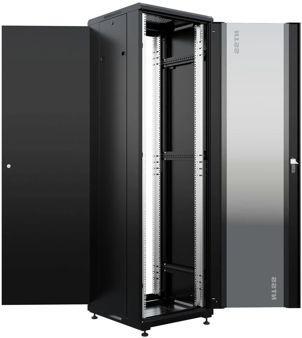 NTSS Шкаф напольный универсальный серверный NTSS R 42U 600х600мм, 4 профиля 19, двери стекло и сплошная металл, боковые стенки съемные, регулируемые опоры, разобранный, черный RAL 9005 NTSS-R42U6060GS