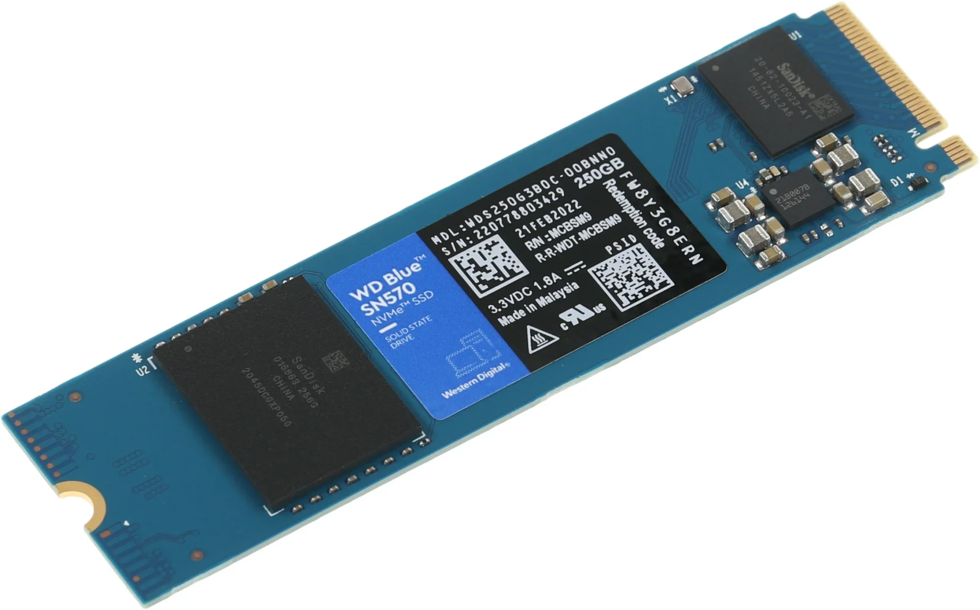 Твердотельный накопитель SSD WD Blue M.2 2280 WDS250G3B0C 250GB Client PCIe Gen3x4 with NVMe, 3300/1200, 3D TLC, 150TBW, Retail (887234) {10}